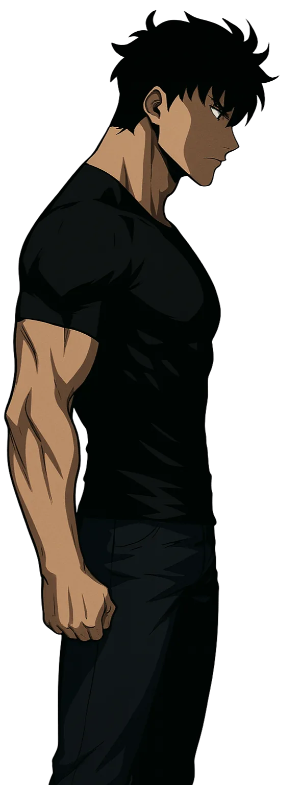 Personagem evoluído no modo Sistema, postura forte e confiante