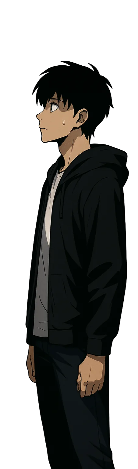 Personagem no modo manual, postura cansada e desmotivada
